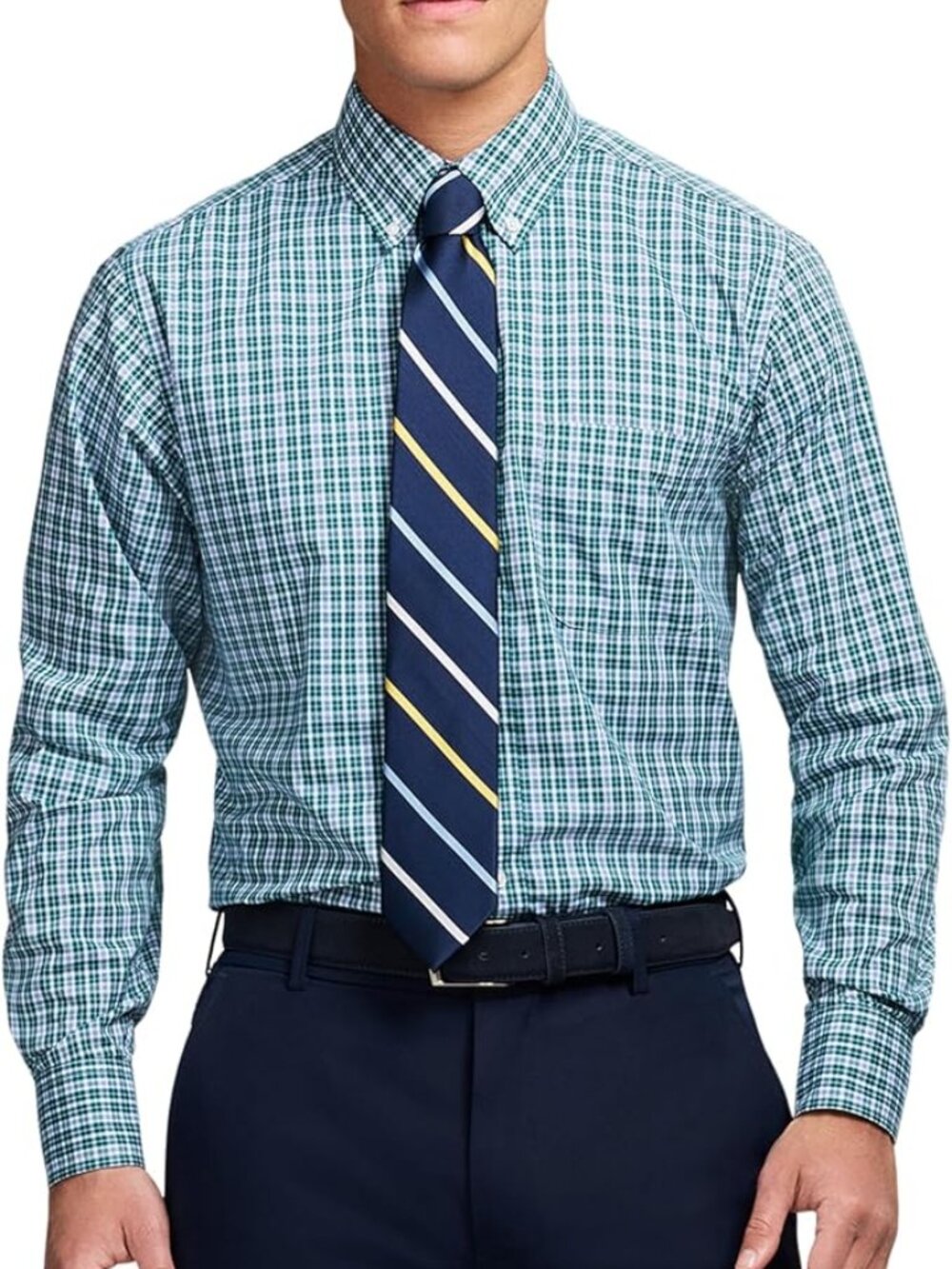 IZOD Men Green Blue Plaid Oxford Button Down Long Sleeves Shirt Large